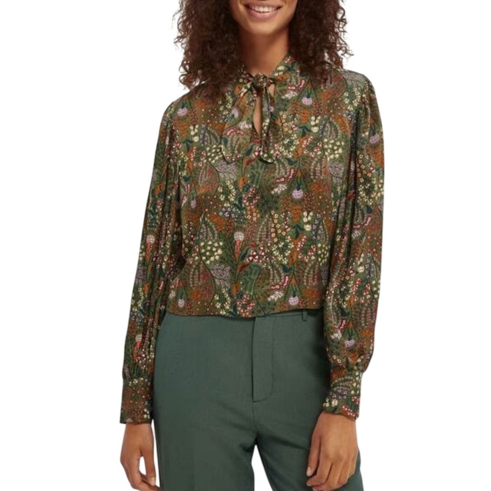 Scotch & Soda Endless Horizons Floral Tie Neck Blouse Top Olive Green Medium